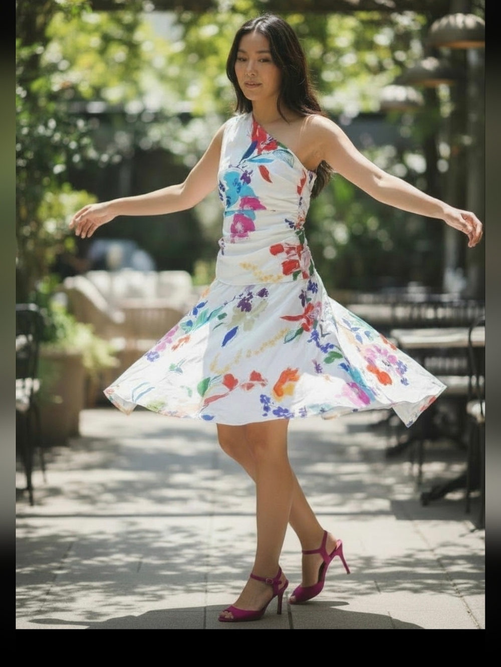 Finley Womens Small One Shoulder Floral Dress White Cotton Fit Flare Made USA